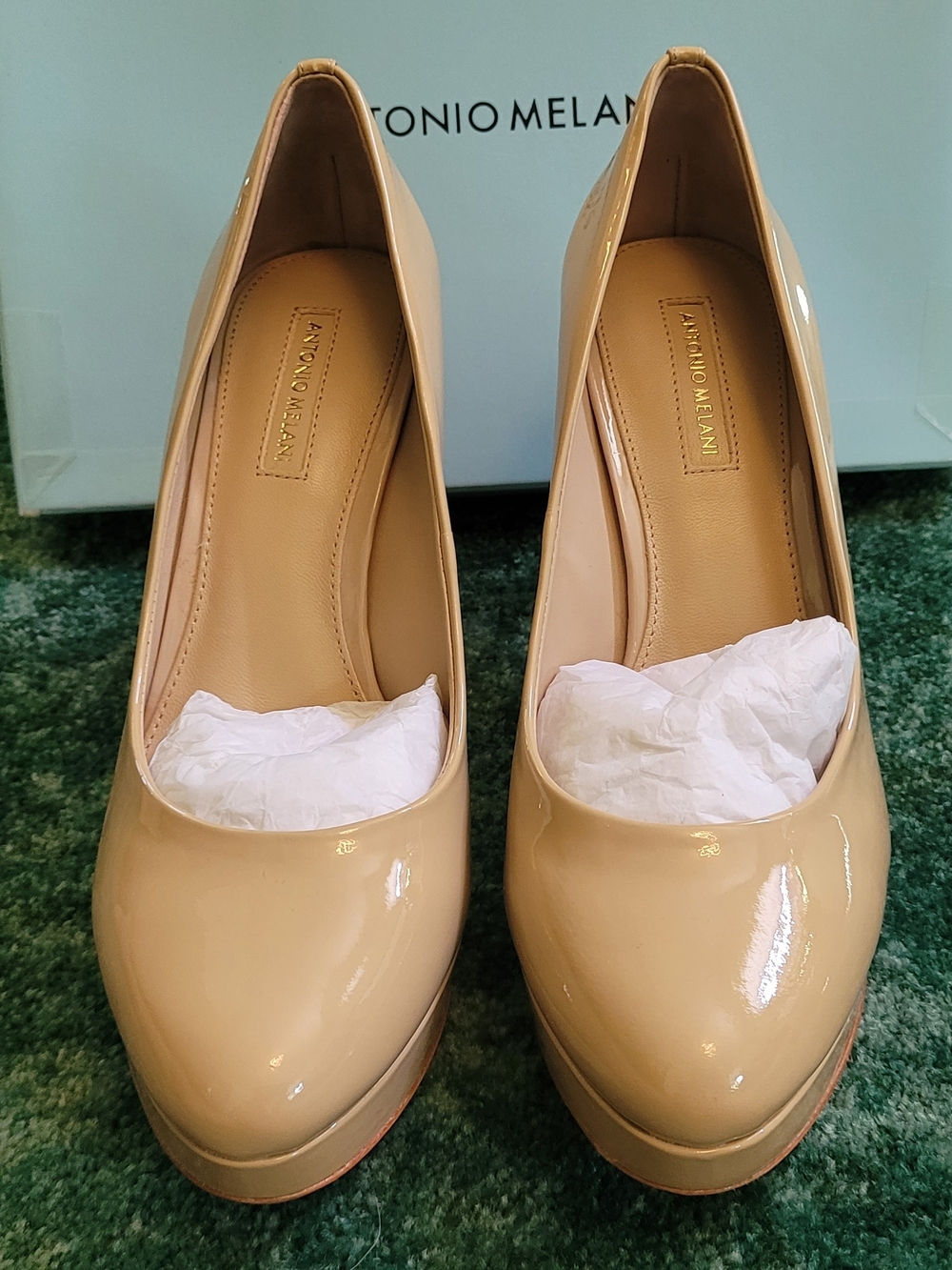 NEW ANTONIO MELANI Patent Nude Platform Pumps - Picture 2 of 13